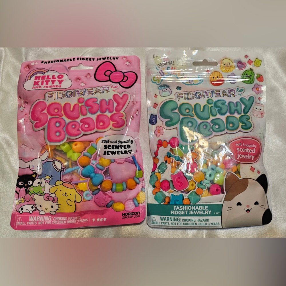 2 Fidgiwear Squishy Beads Scented Jewelry Packs: Squishmallows & Hello Kitty